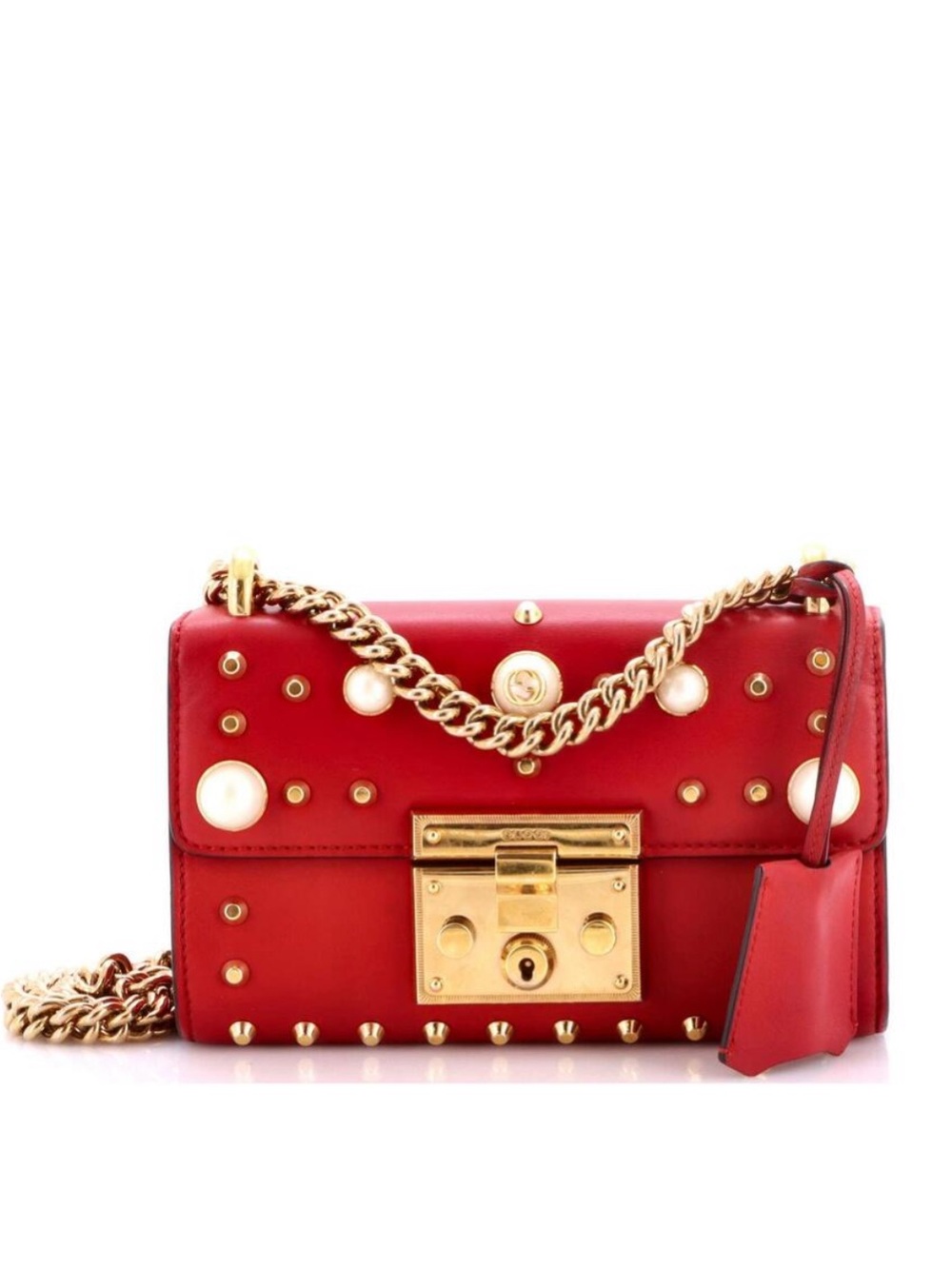 Gucci Red Leather padlock Pearl-Embellished Chain Crossbody Bag, dust bag,COA - Picture 12 of 15